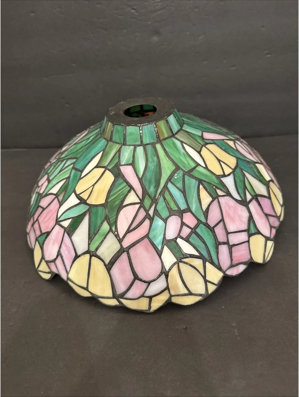 Tiffany Style Stained Glass Lamp 15” Shade Pink Yellow Green Floral Art Nouveau